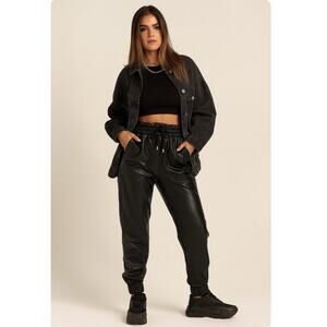 7 For All Mankind Black Faux Leather Joggers Elastic Waist Versatile Small